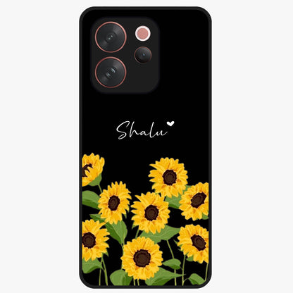 Sunflower Chic Mood Custom Name Glass Case showing flat back view with stylish sunflower artwork and personalized name design.