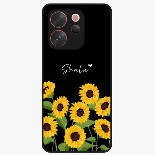 Sunflower Chic Mood Custom Name Glass Case showing flat back view with stylish sunflower artwork and personalized name design.