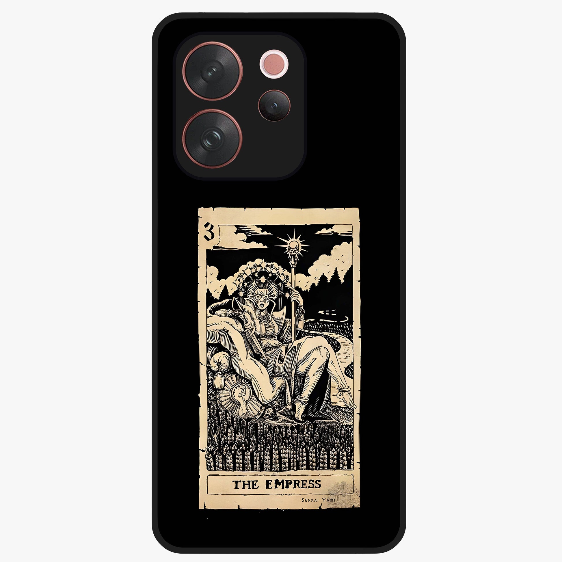 The Empress Glass Case showing flat back view with regal feminine artwork and glossy glass finish.