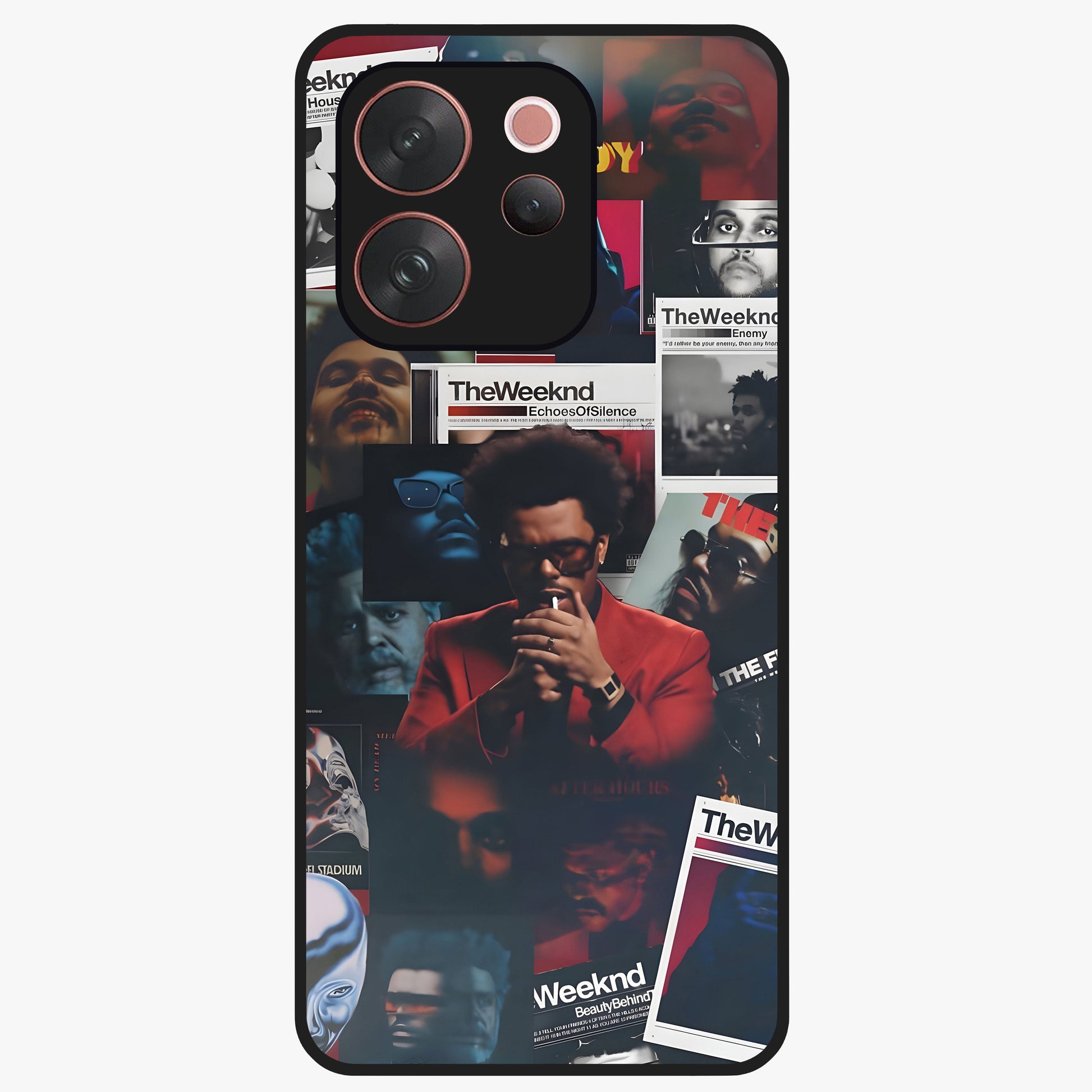 The Weeknd Glass Case showing flat back view with music inspired artistic portrait artwork and glossy glass finish.