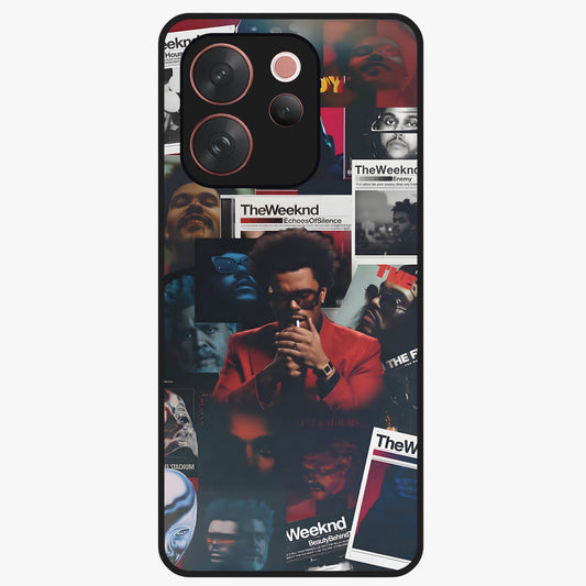 The Weeknd Glass Case showing flat back view with music inspired artistic portrait artwork and glossy glass finish.
