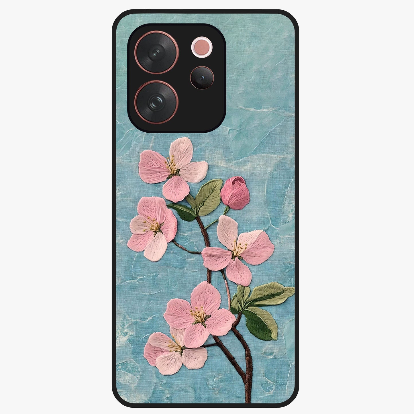 Threaded Blossom Breeze Glass Case showing flat back view with delicate blossom artwork and glossy glass finish.