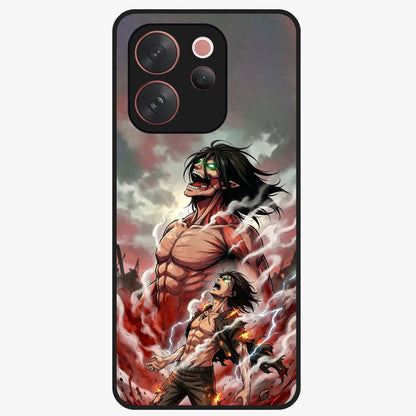 Titan Awakening Fury Glass Case showing flat back view with powerful titan inspired artwork and glossy glass finish.