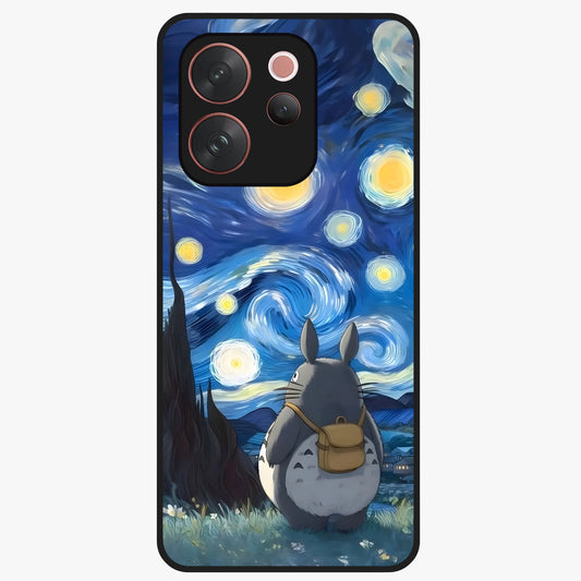 Totoro In Van Gogh Art Glass Case showing flat back view with whimsical character artwork inspired by Van Gogh style and glossy glass finish.