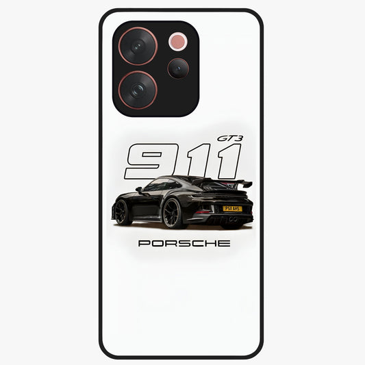 Turbo Legacy Icon Glass Case showing flat back view with iconic sports car inspired artwork and glossy glass finish.