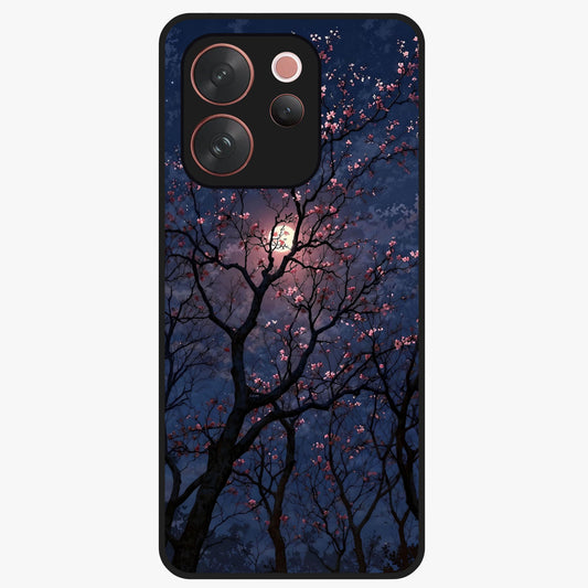 Twilight Sakura Serenade Glass Case showing flat back view with cherry blossom artwork at twilight and glossy glass finish.