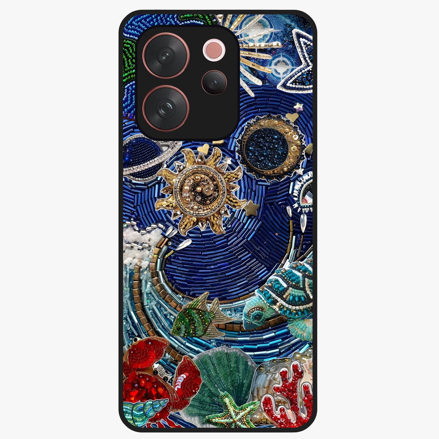 Universe Underwater Spark Glass Case showing flat back view with cosmic underwater themed artwork and glossy glass finish.