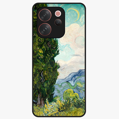 Van Gogh Vintage Art Glass Case showing flat back view with vintage painterly artwork inspired by Van Gogh style and glossy glass finish.