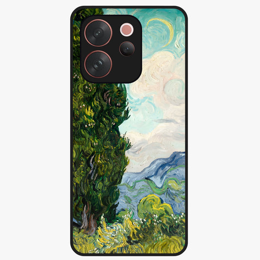 Van Gogh Vintage Art Glass Case showing flat back view with vintage painterly artwork inspired by Van Gogh style and glossy glass finish.
