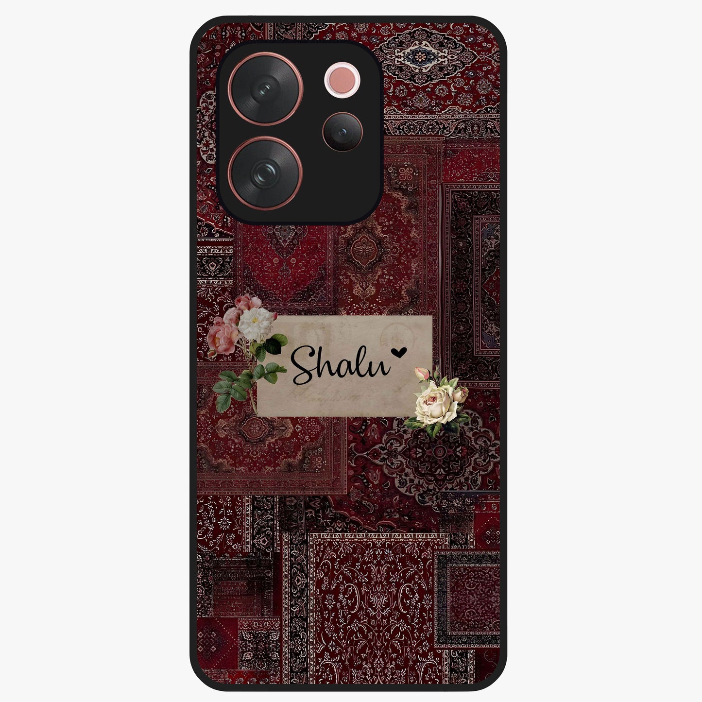Velvet Wine Pattern Custom Name Glass Case showing flat back view with elegant wine colored pattern artwork and personalized name design.