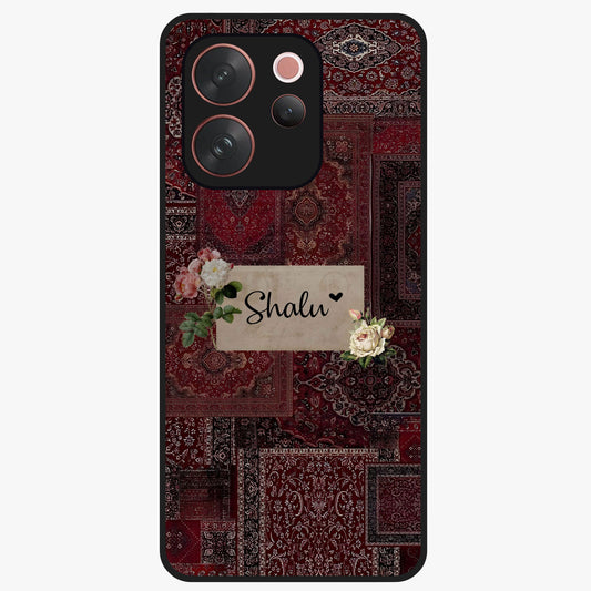 Velvet Wine Pattern Custom Name Glass Case showing flat back view with elegant wine colored pattern artwork and personalized name design.