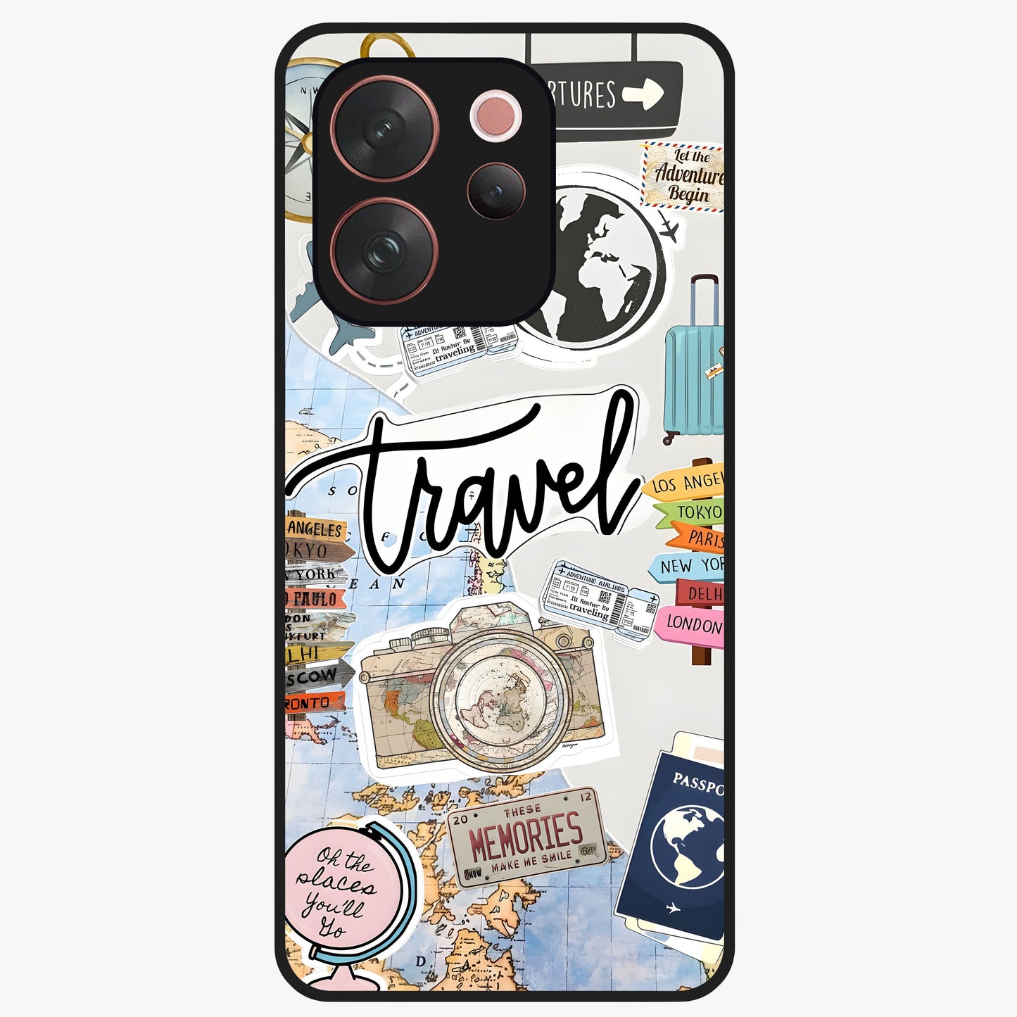 Wanderlust Journal Glass Case showing flat back view with travel inspired artwork and glossy glass finish.