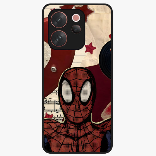 Web Warrior Vibes Glass Case showing flat back view with superhero inspired web themed artwork and glossy glass finish.