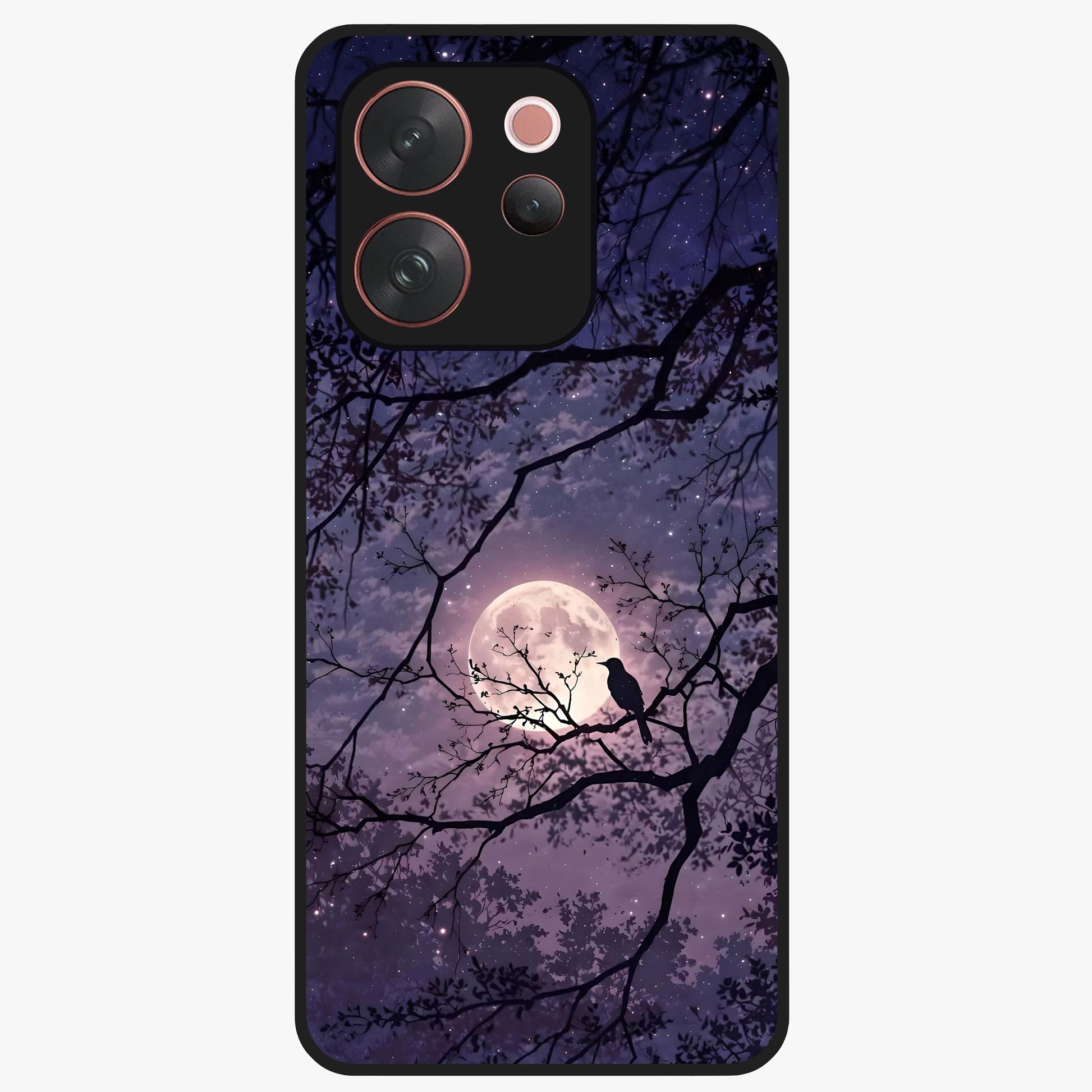 Whispering Moon Silence Glass Case showing flat back view with serene moon themed artwork and glossy glass finish.