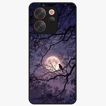Whispering Moon Silence Glass Case showing flat back view with serene moon themed artwork and glossy glass finish.