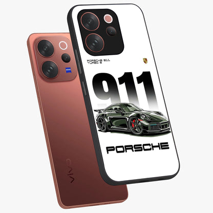 911 Turbo Dominance Glass Case displayed in premium angled mockup highlighting sporty car illustration and sleek glass surface.