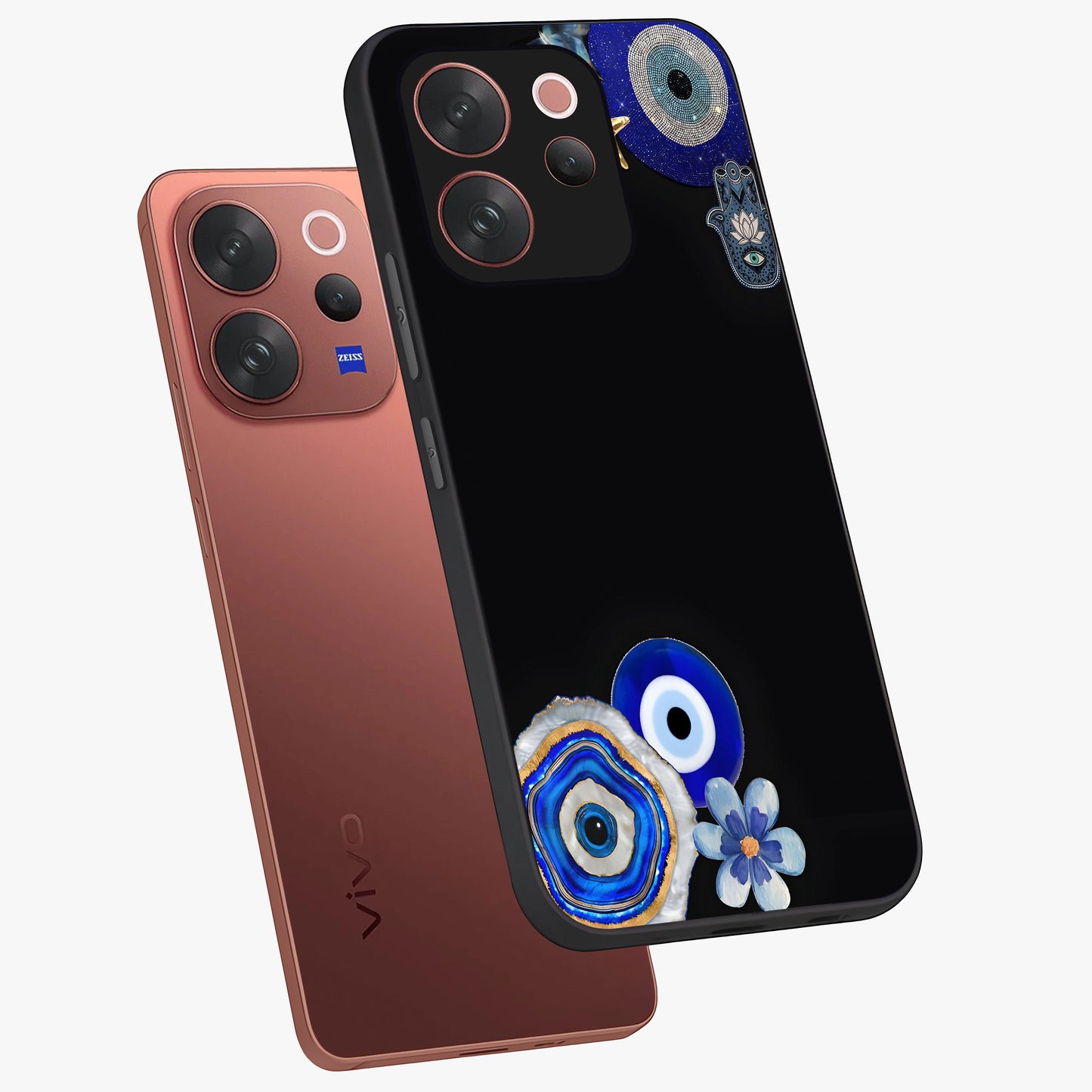 Aesthetic Blue Evil Eye Glass Case displayed in angled mockup highlighting blue evil eye symbol and spiritual aesthetic design.