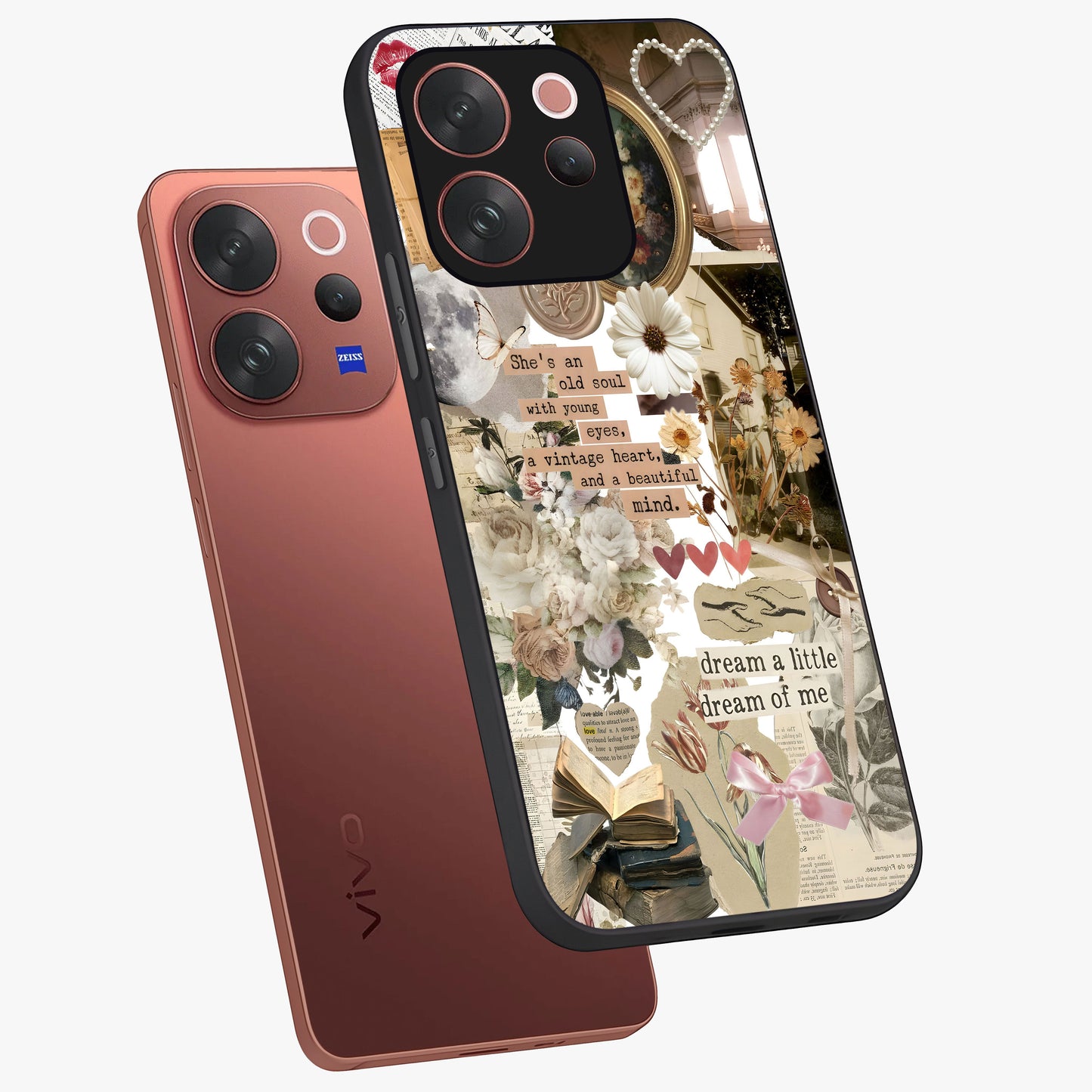 Aesthetic Brown Vintage Collage Glass Case displayed in angled mockup highlighting vintage aesthetic collage design.