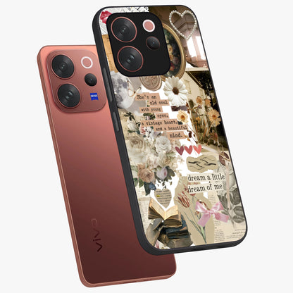 Aesthetic Brown Vintage Collage Glass Case displayed in angled mockup highlighting vintage aesthetic collage design.