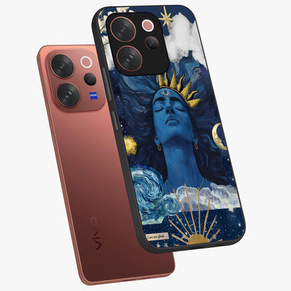 Aesthetic Lord Shiva Glass Case displayed in angled mockup highlighting spiritual Shiva illustration and sacred aesthetic design.