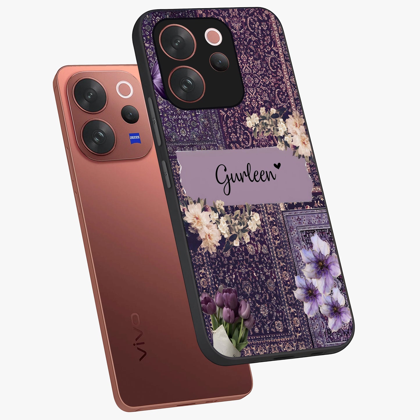 Antique Floral Whisper Custom Name Glass Case displayed in angled mockup highlighting elegant antique floral aesthetic.