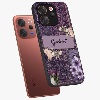 Antique Floral Whisper Custom Name Glass Case displayed in angled mockup highlighting elegant antique floral aesthetic.