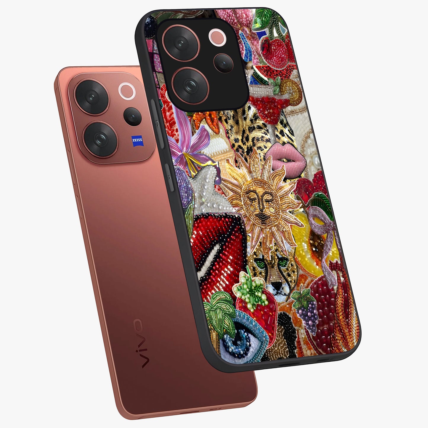 Beaded Fashion Jungle Glass Case displayed in angled mockup highlighting colorful fashion bead design and artistic pattern.