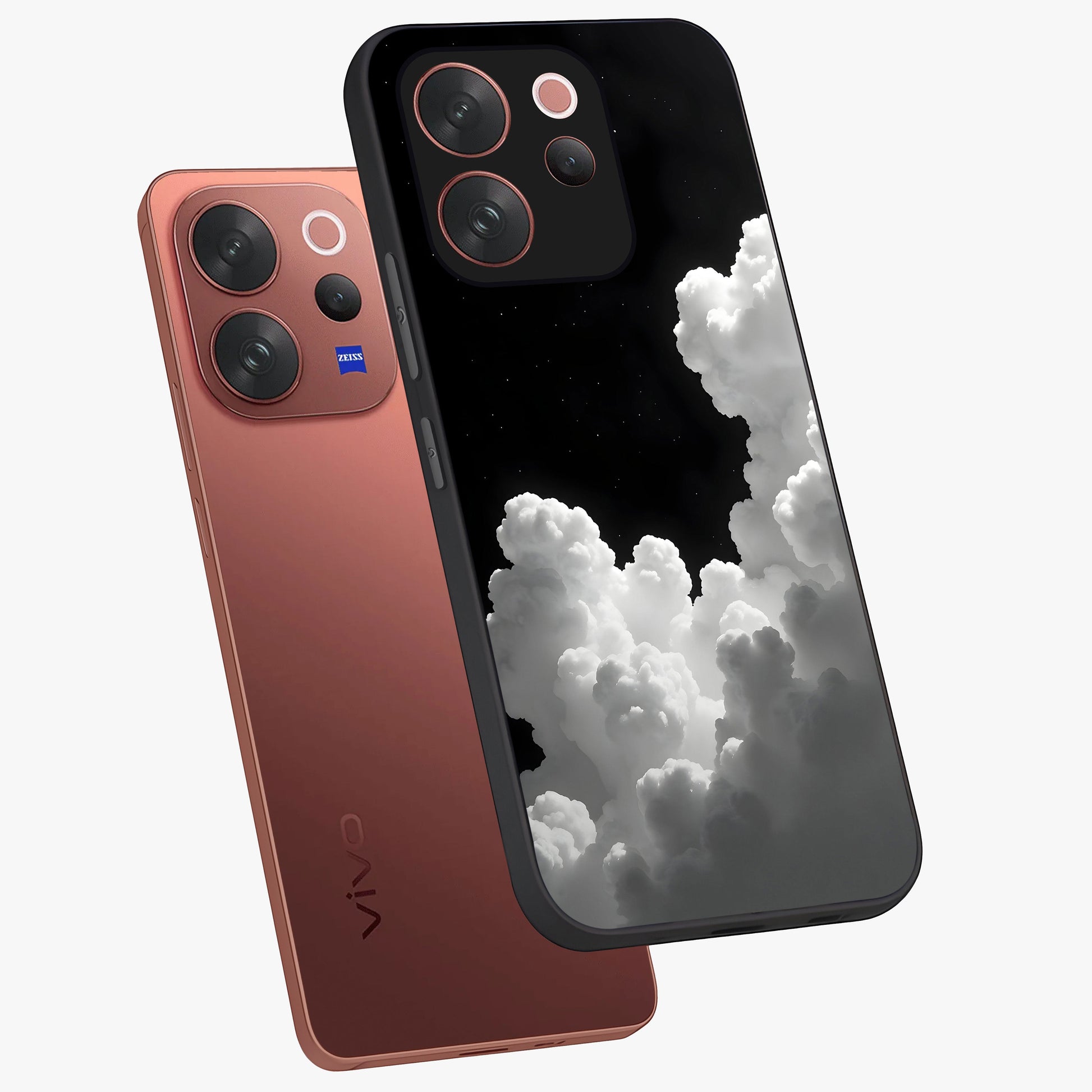 Black Background With White Cloud Glass Case displayed in angled mockup highlighting soft white cloud illustration and minimal design.