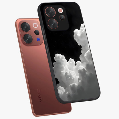 Black Background With White Cloud Glass Case displayed in angled mockup highlighting soft white cloud illustration and minimal design.