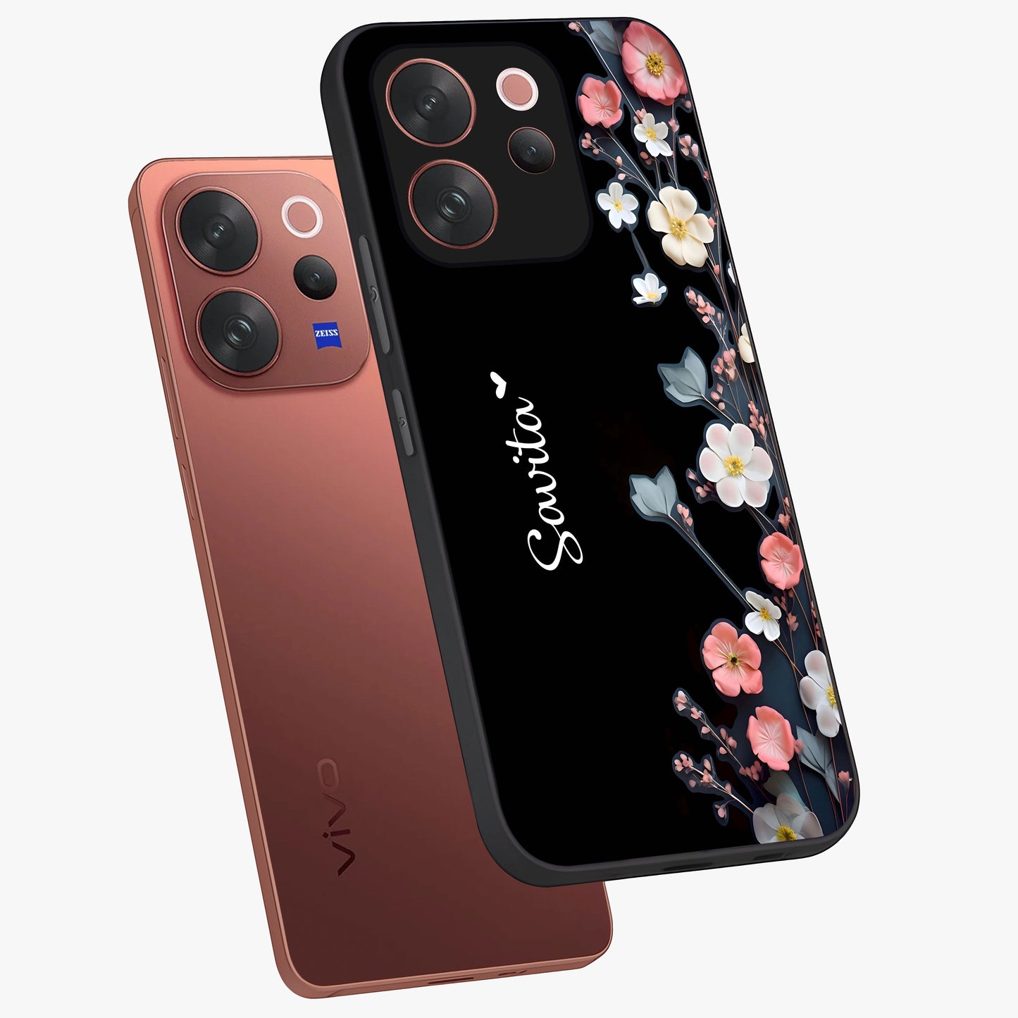 Black Elegance Floral Custom Name Glass Case displayed in angled mockup highlighting dark floral aesthetic and custom name feature.