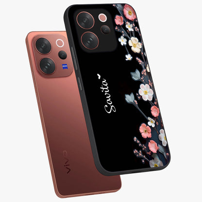 Black Elegance Floral Custom Name Glass Case displayed in angled mockup highlighting dark floral aesthetic and custom name feature.