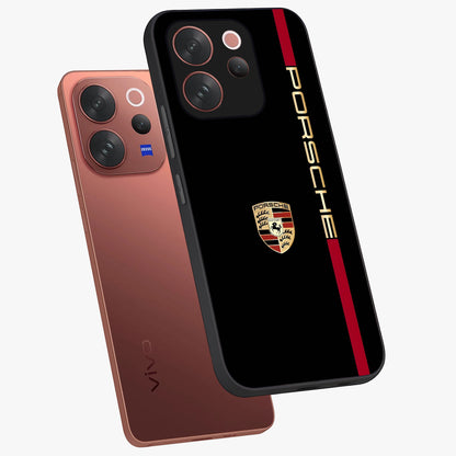 Black Minimal Porsche Glass Case displayed in angled mockup highlighting modern minimal car illustration and clean aesthetic design.