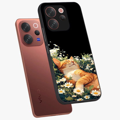 Blissful Bloom Cat Glass Case displayed in angled mockup highlighting playful feline illustration with soft floral aesthetic.