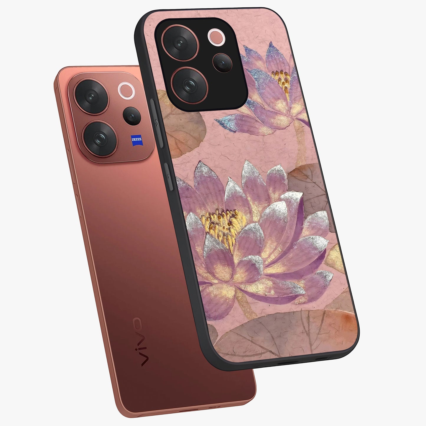 Blossom Mist Lotus Glass Case displayed in angled mockup highlighting delicate lotus illustration with calm aesthetic theme.