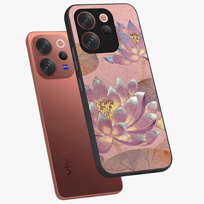 Blossom Mist Lotus Glass Case displayed in angled mockup highlighting delicate lotus illustration with calm aesthetic theme.