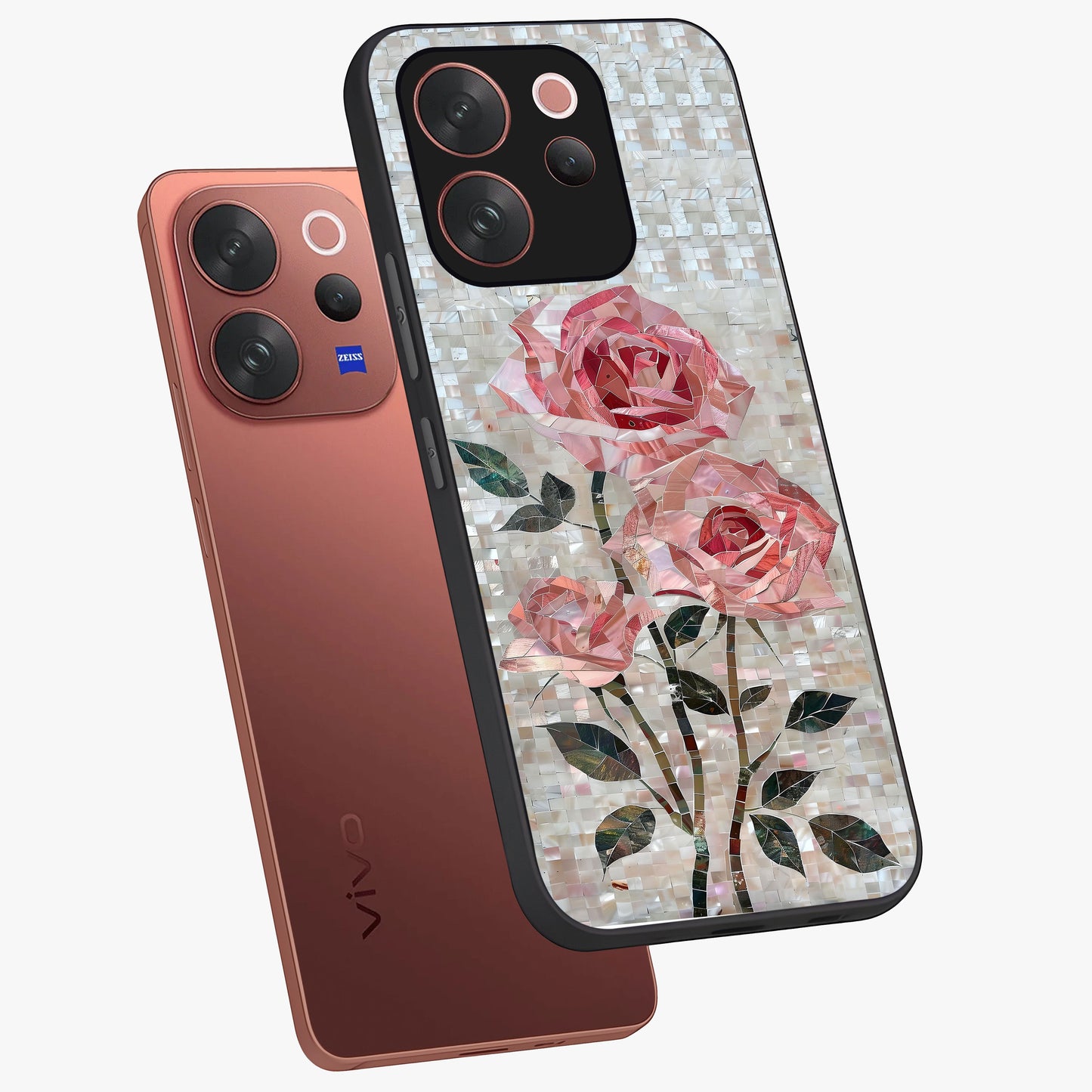 Blush Mosaic Bloom Glass Case displayed in angled mockup highlighting artistic mosaic flower pattern with aesthetic design.