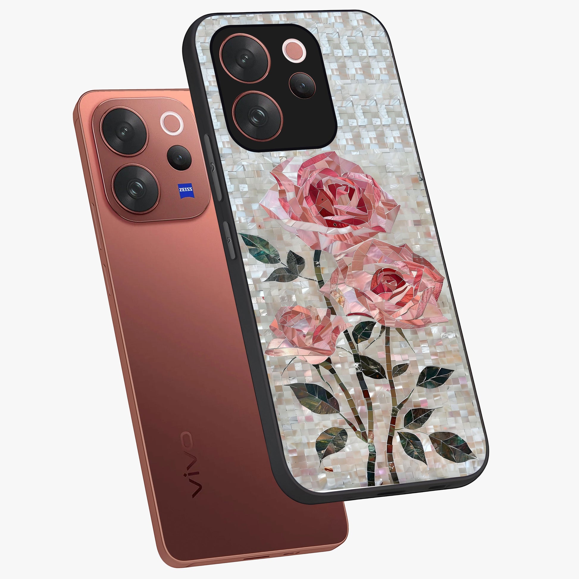 Blush Mosaic Bloom Glass Case displayed in angled mockup highlighting artistic mosaic flower pattern with aesthetic design.