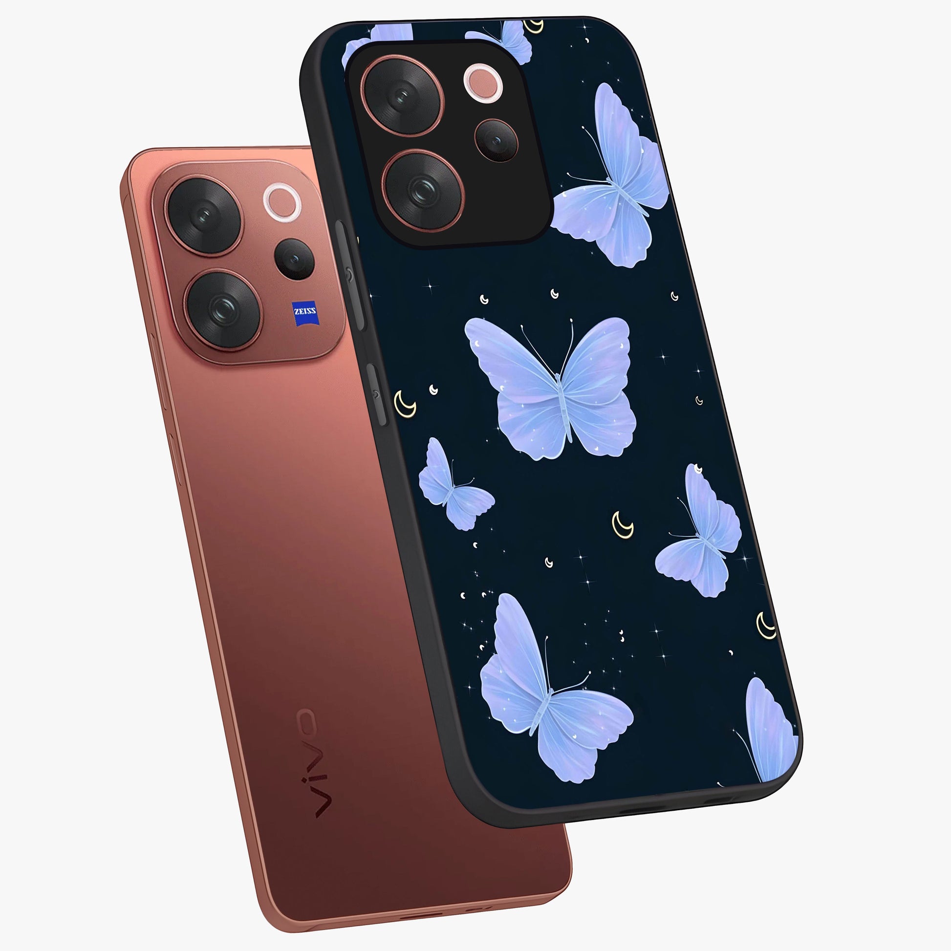 Butterfly With Stars Pattern Glass Case displayed in angled mockup highlighting dreamy butterfly and star design with aesthetic theme.