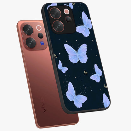 Butterfly With Stars Pattern Glass Case displayed in angled mockup highlighting dreamy butterfly and star design with aesthetic theme.