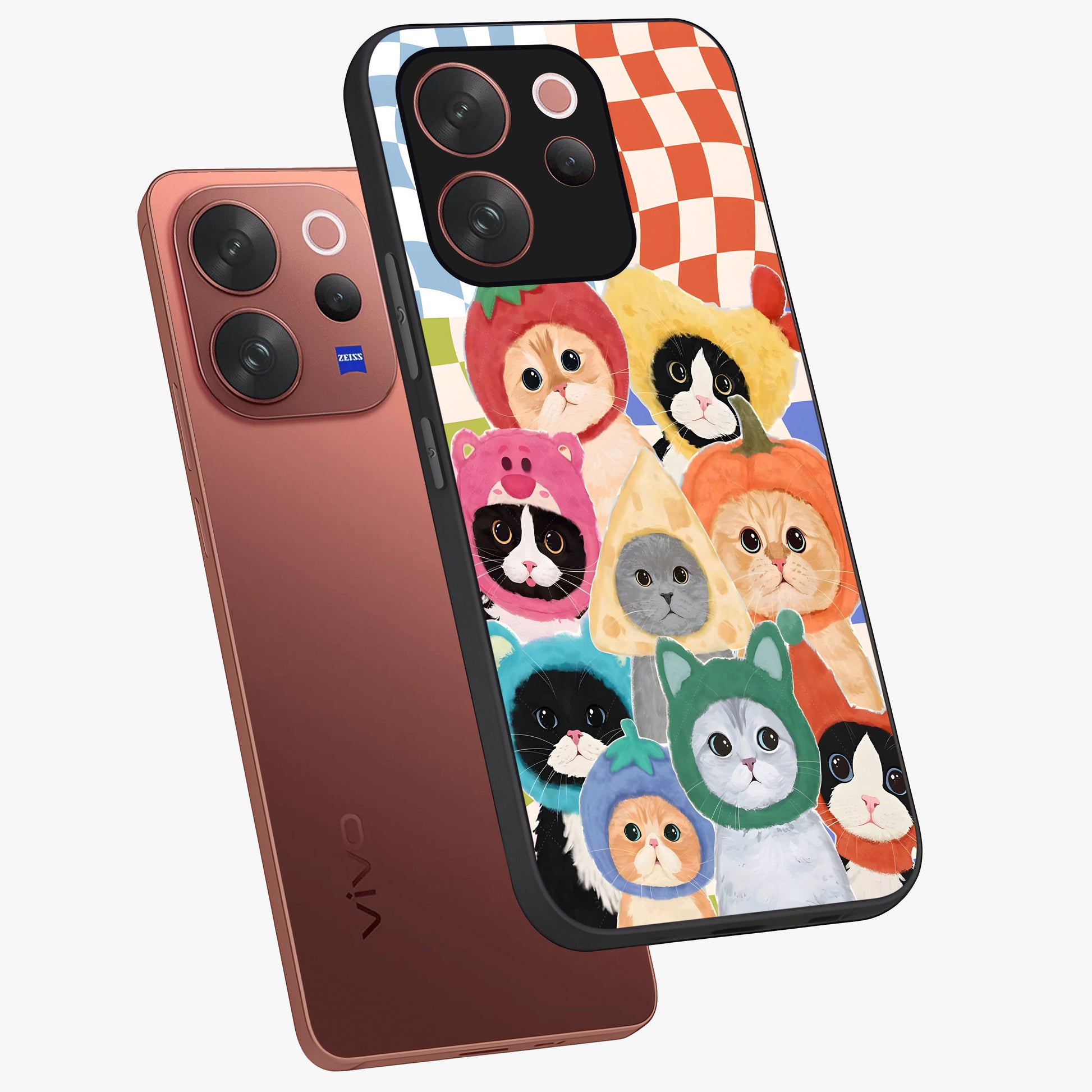 Cats in Fruits Glass Case displayed in angled mockup highlighting cute feline fruit design with colorful aesthetic style.