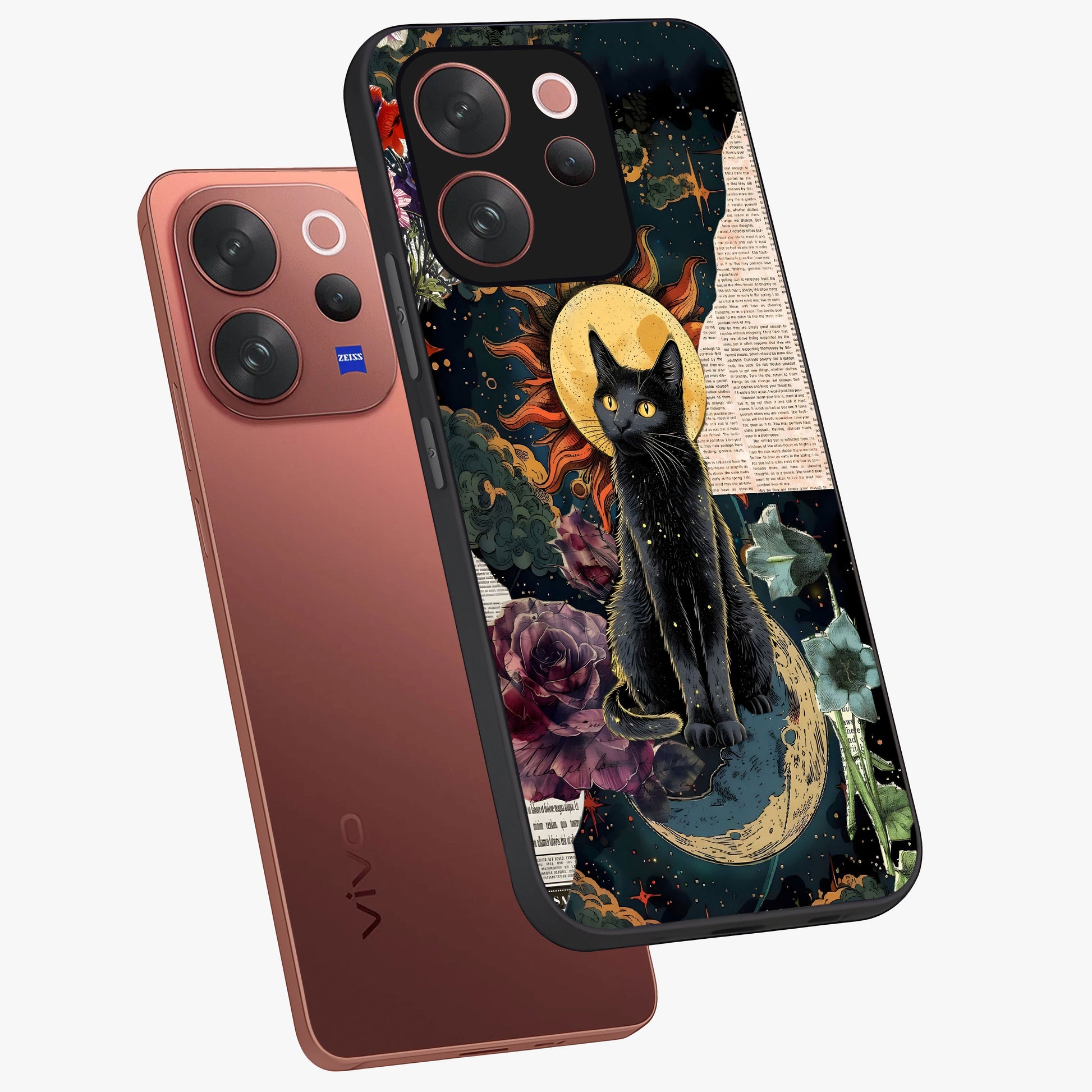 Celestial Black Cat Glass Case displayed in angled mockup highlighting cosmic black cat design with celestial aesthetic.