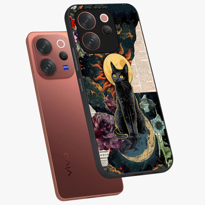 Celestial Black Cat Glass Case displayed in angled mockup highlighting cosmic black cat design with celestial aesthetic.