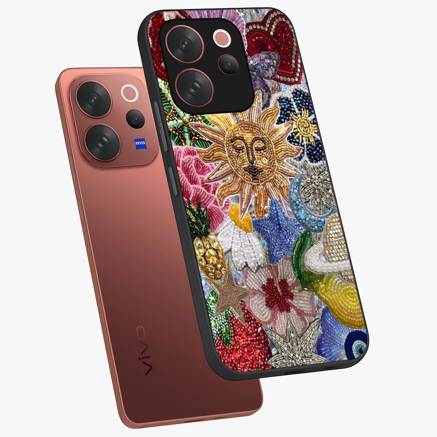 Celestial Floral and Playful Glass Case displayed in angled mockup highlighting playful floral design with dreamy celestial elements.