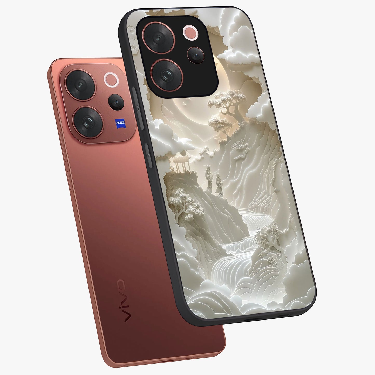 Celestial Origami Glass Case displayed in angled mockup highlighting geometric origami design with cosmic aesthetic theme.