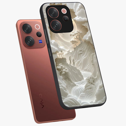 Celestial Origami Glass Case displayed in angled mockup highlighting geometric origami design with cosmic aesthetic theme.
