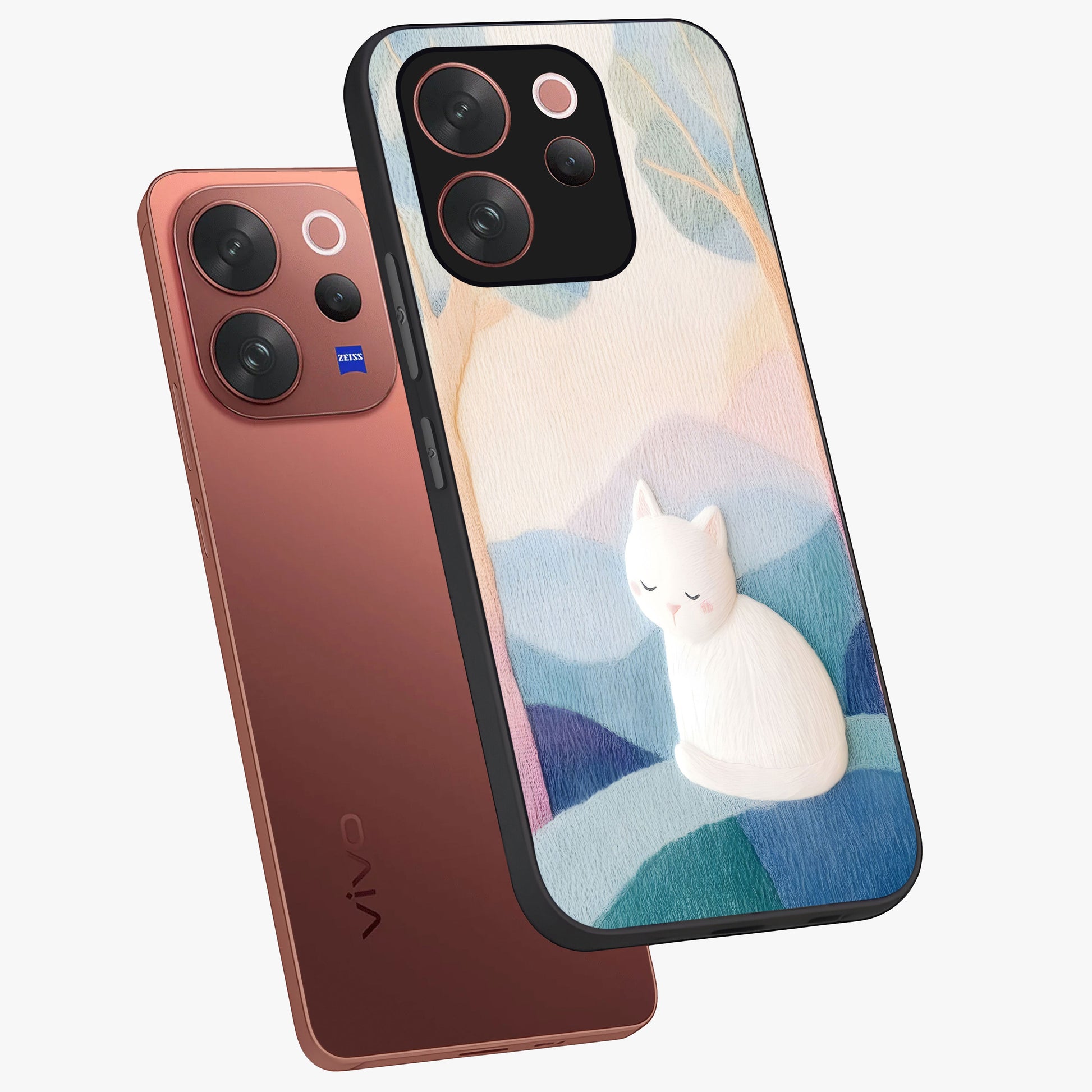 Cotton Dream Cat Glass Case displayed in angled mockup highlighting cute feline illustration with pastel aesthetic style.