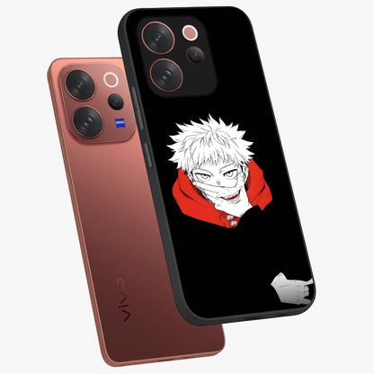 Crimson Chaos Smile Glass Case displayed in angled mockup highlighting edgy crimson smile design with graphic aesthetic.