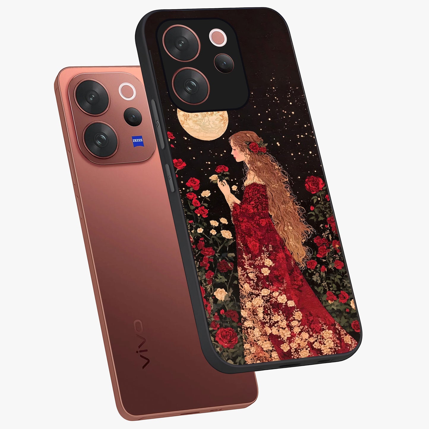 Crimson Dreams Glass Case displayed in angled mockup highlighting soft crimson aesthetic design with artistic theme.