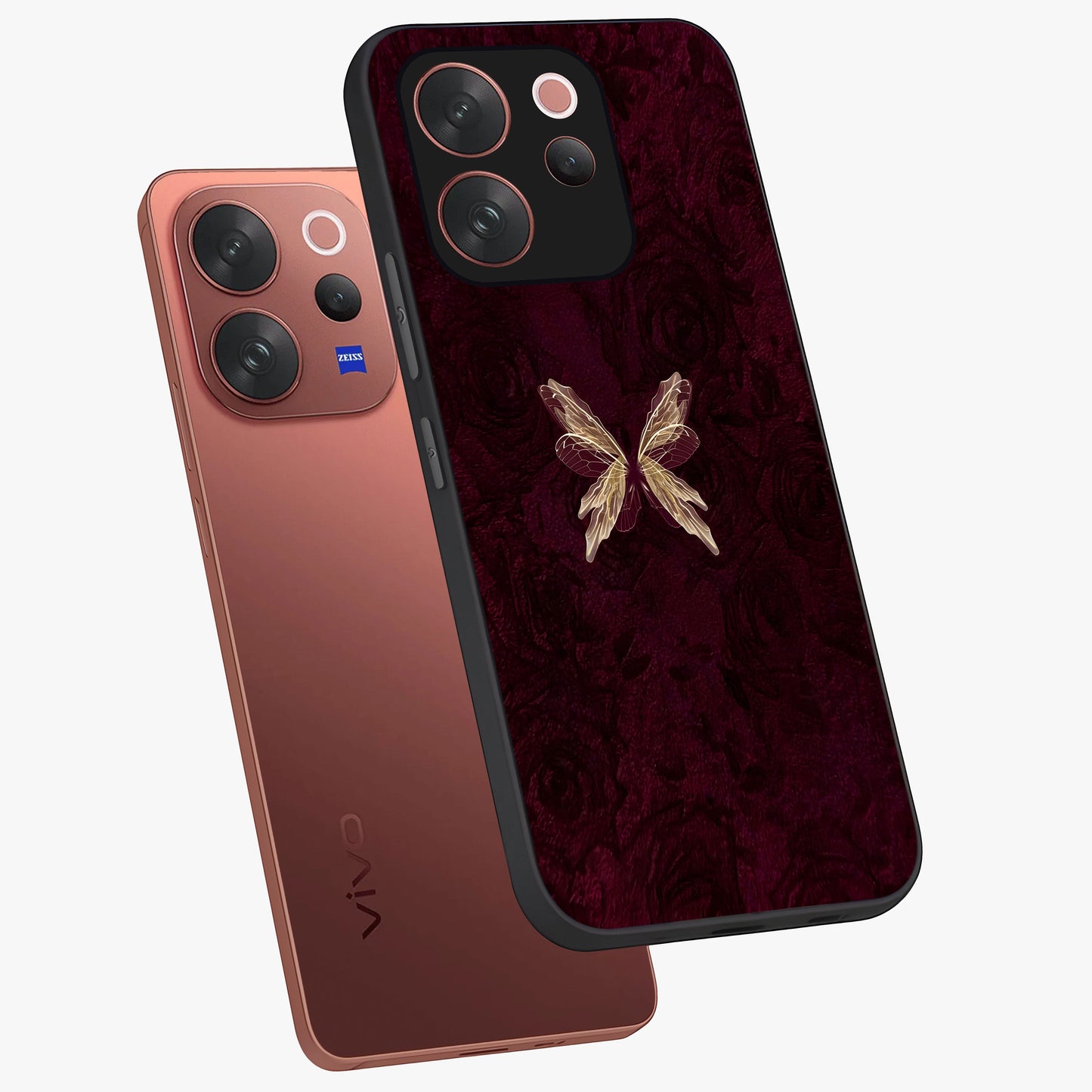 Crimson Fade Butterfly Glass Case displayed in angled mockup highlighting elegant butterfly design with crimson gradient aesthetic.
