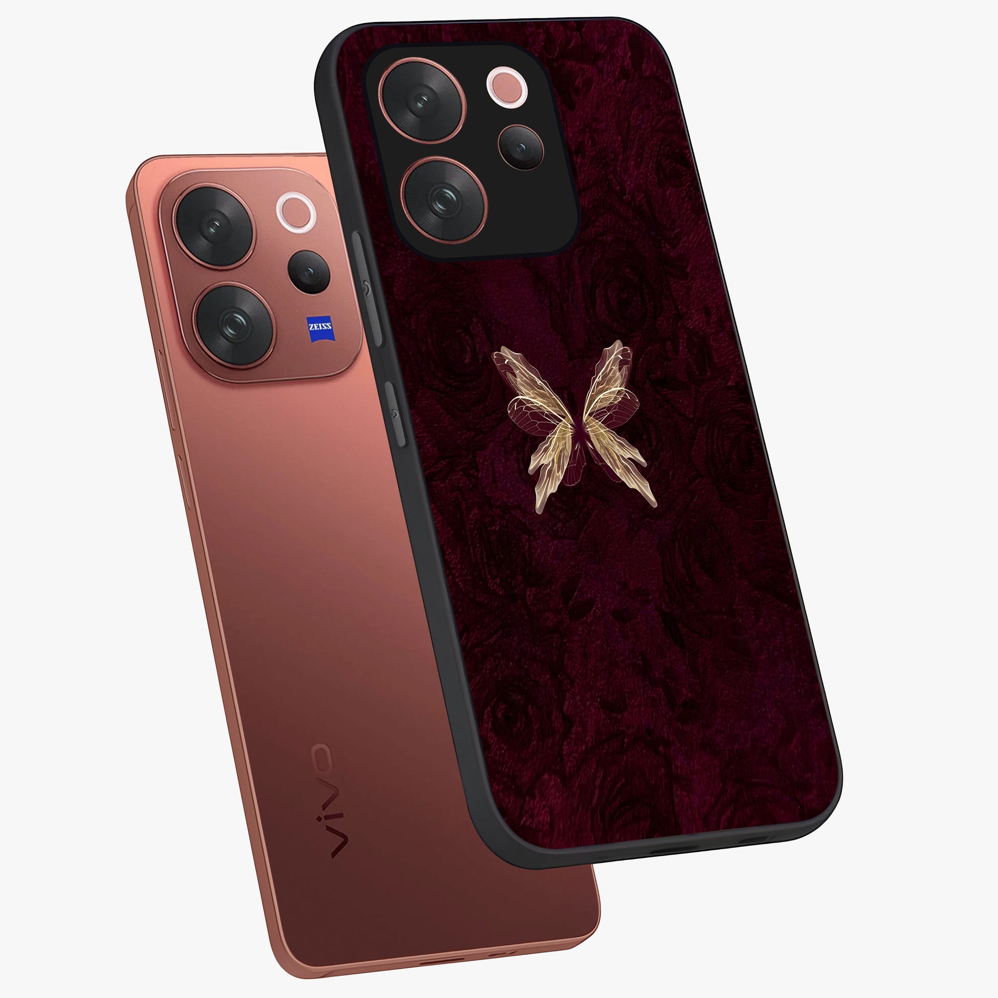 Crimson Fade Butterfly Glass Case displayed in angled mockup highlighting elegant butterfly design with crimson gradient aesthetic.